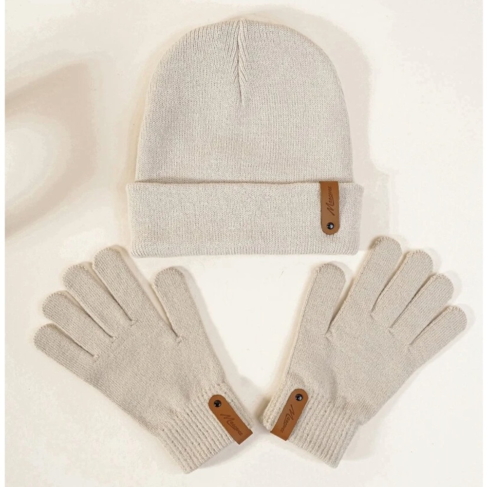 Knit Beanie Hat and Gloves Set in Beige